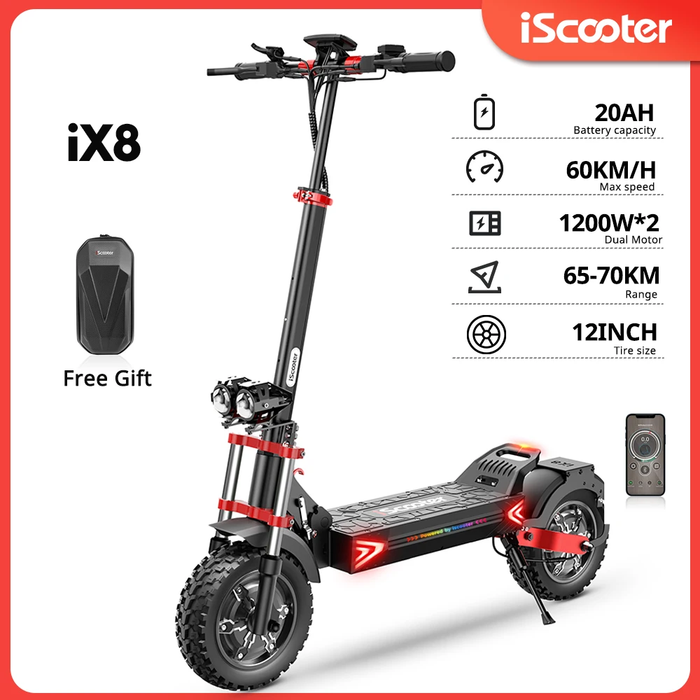 12inch iScooter iX8 Off-Road Electric Scooter Dual Motors 2400W 48V 20Ah Battery 65-70KM Range, 4 Speeds 60KM/H Max with app