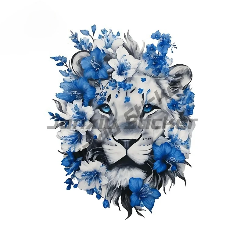 

Lion with Blue Flowers Car Decals Attractive Toolbox Computer Case Trunk Guitar Decals Cool Exterior Accessories