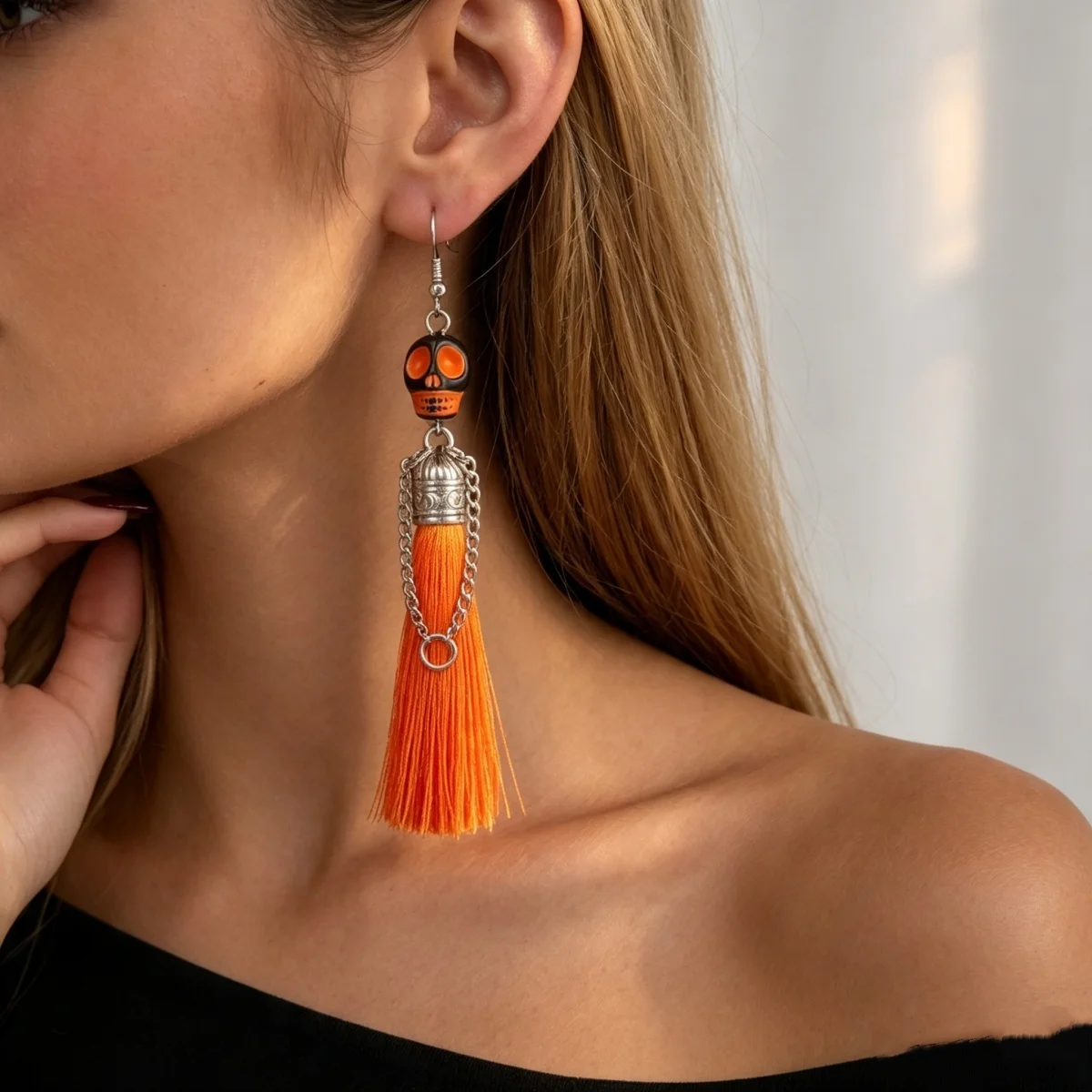Halloween-Ohrringe mit bunten Quasten und Totenkopf-Anhänger für Damen, Punk-Street-Vintage-Cosplay-Ohrringe mit Skelett-Motiv, Schmuck – Detail 8