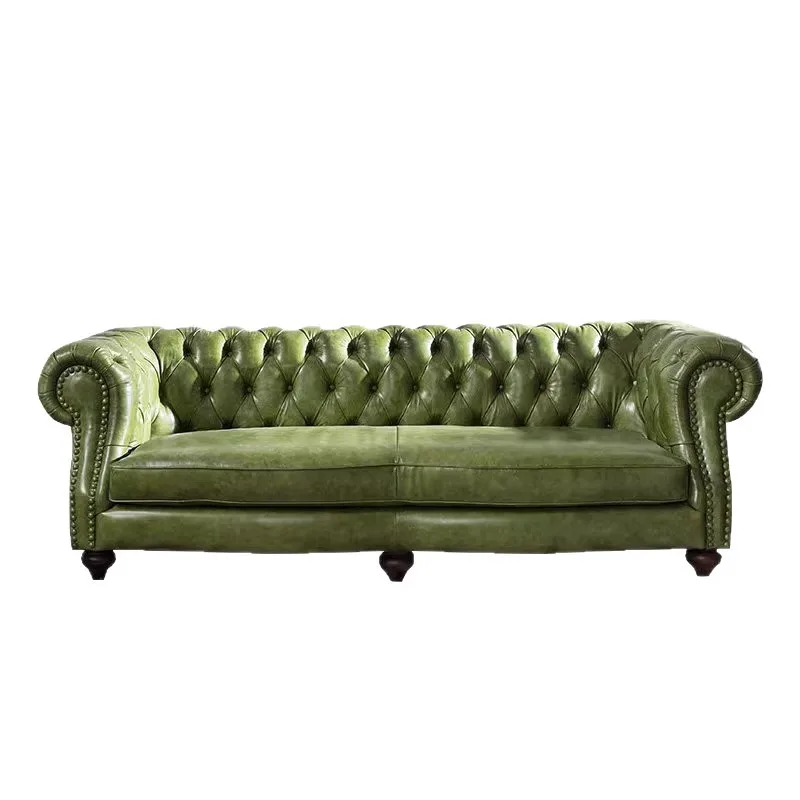 

American retro industrial limelight layer cowhide living room three-seat European style apartment leather art buckle