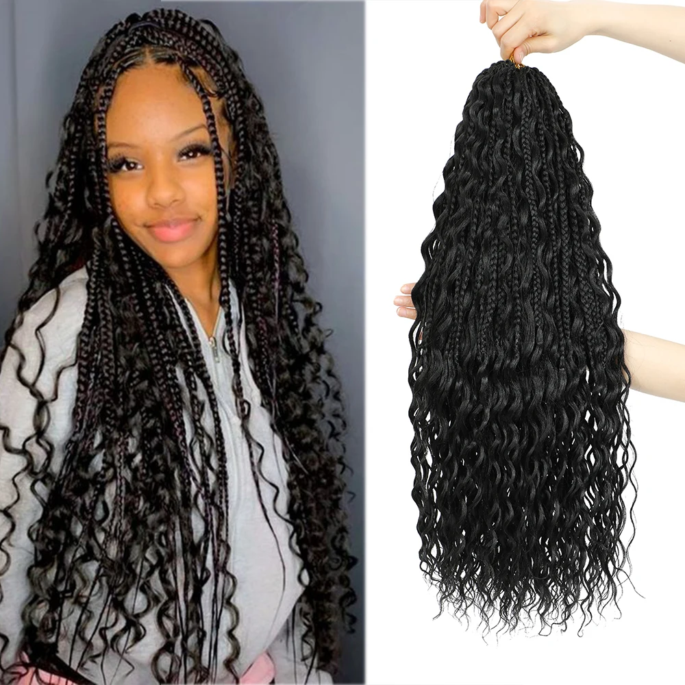 8 Pcs Goddess Box River Synthetic Braids 24 Inch Crochet Hair Boho Bohemian Pre-looped Black Synthetic Braids Hair Extensions