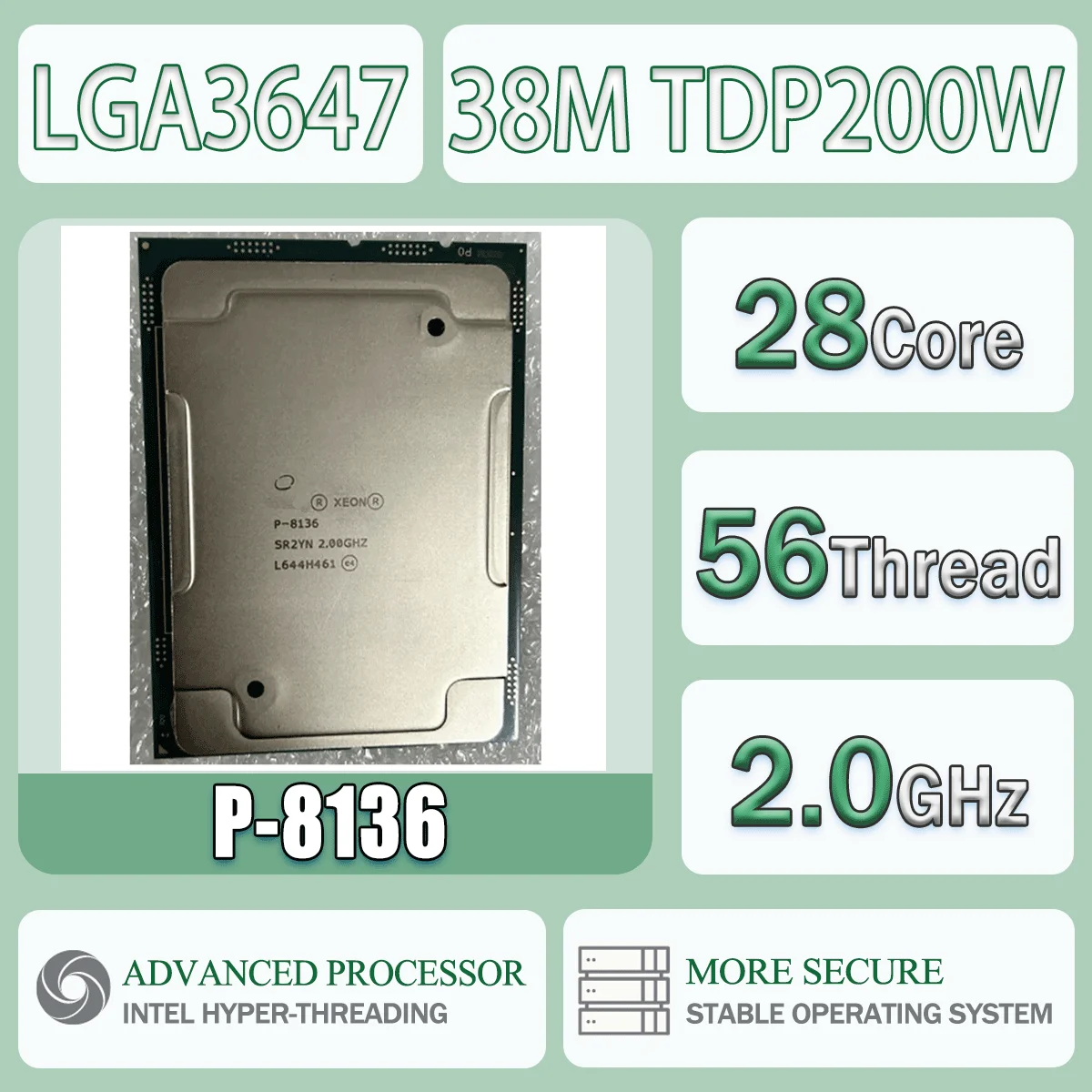 Intel Xeon Platinum P-8136 2,0 GHz 28 núcleos 56 hilos 38,5 MB TDP 200 W P 8136 ordenador CPU procesador servidor P8136 paquete LGA3647