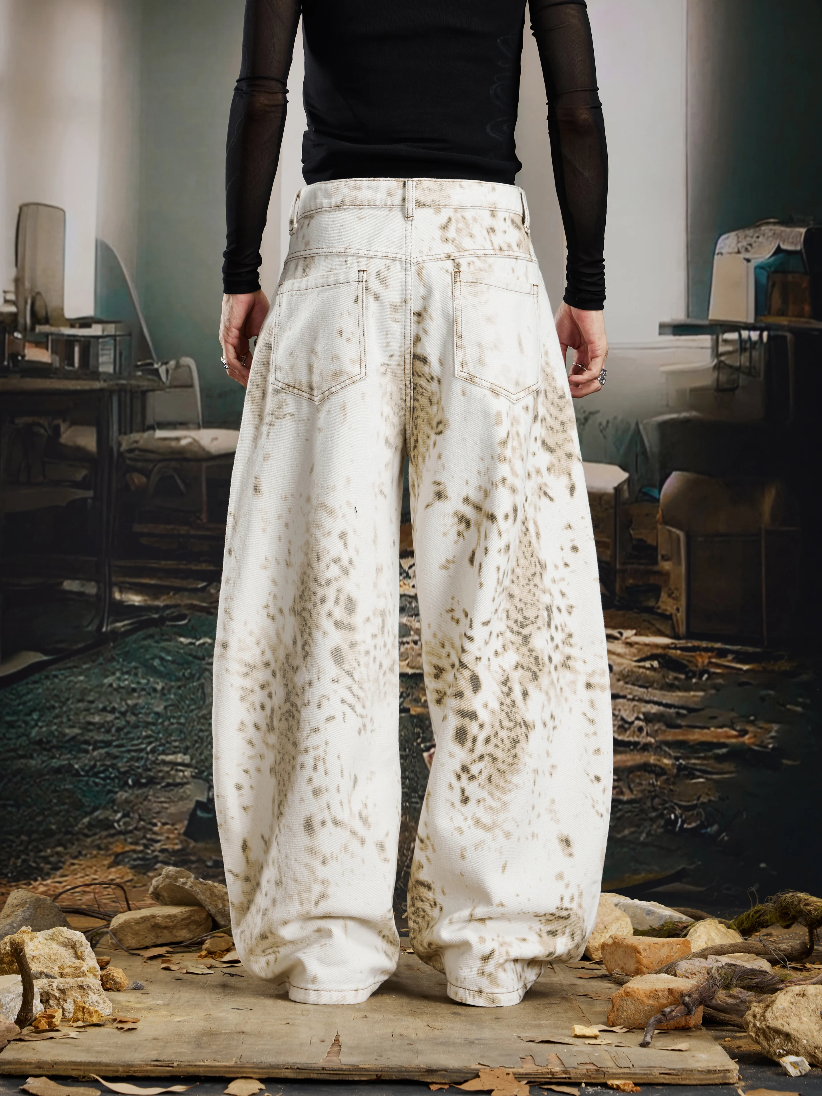Design American Casual All-Match Street Distressed Leopard Print Wide Leg Machete Jeans Trousers Men's and Women's Pants