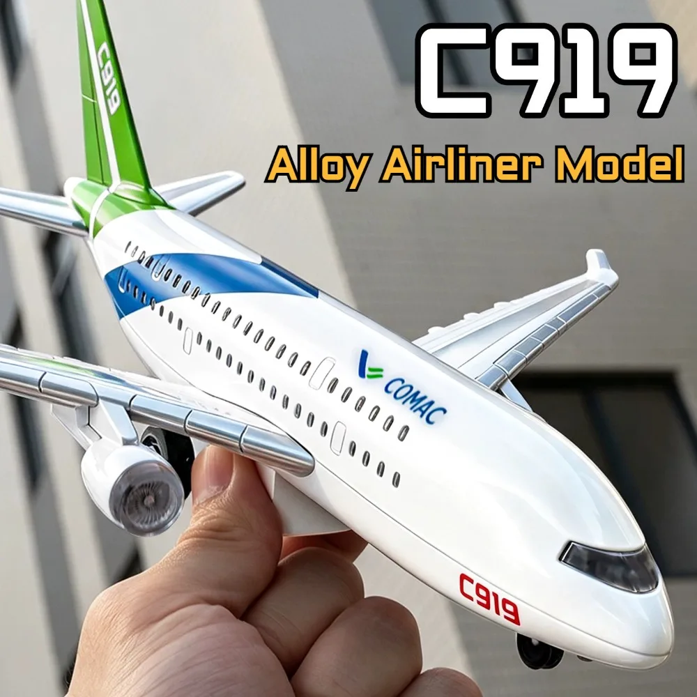 C919 787 Aircraft Model Toy Doors Opened Sound Light Miniature Models Pull Back Alloy Diecast Planes for Child Education Present