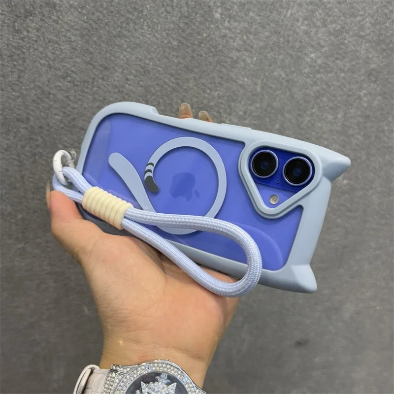 Cartoon Cat Ear for Magsafe Wrist Strap Case for iPhone 16 15 17 Pro Max Air 14 Plus 13 12 11 Lanyard Magnetic Transparent Cover