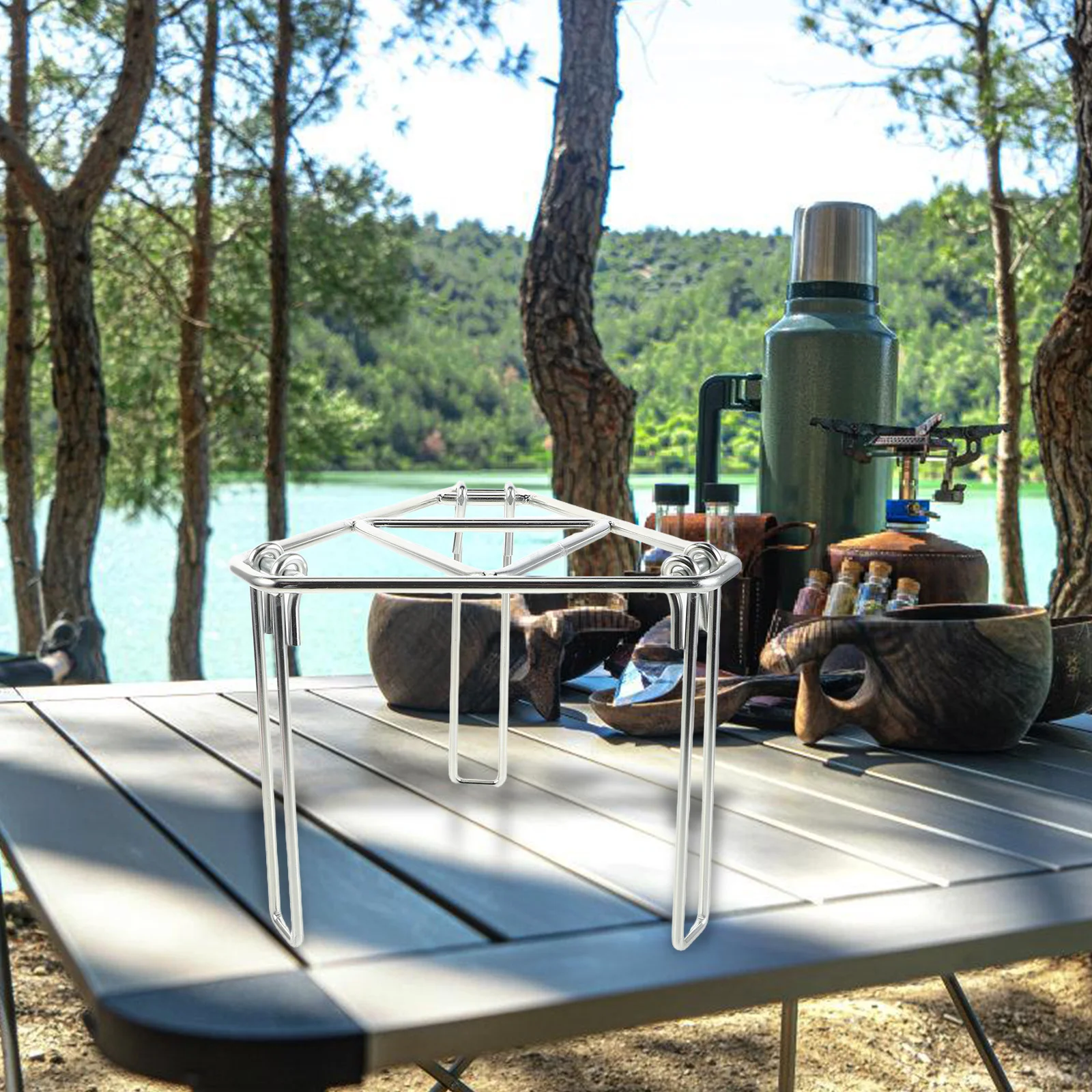 

Outdoor Barbecue Grill Cooking Tripod for Campfire over Camping Silver Stand Rack