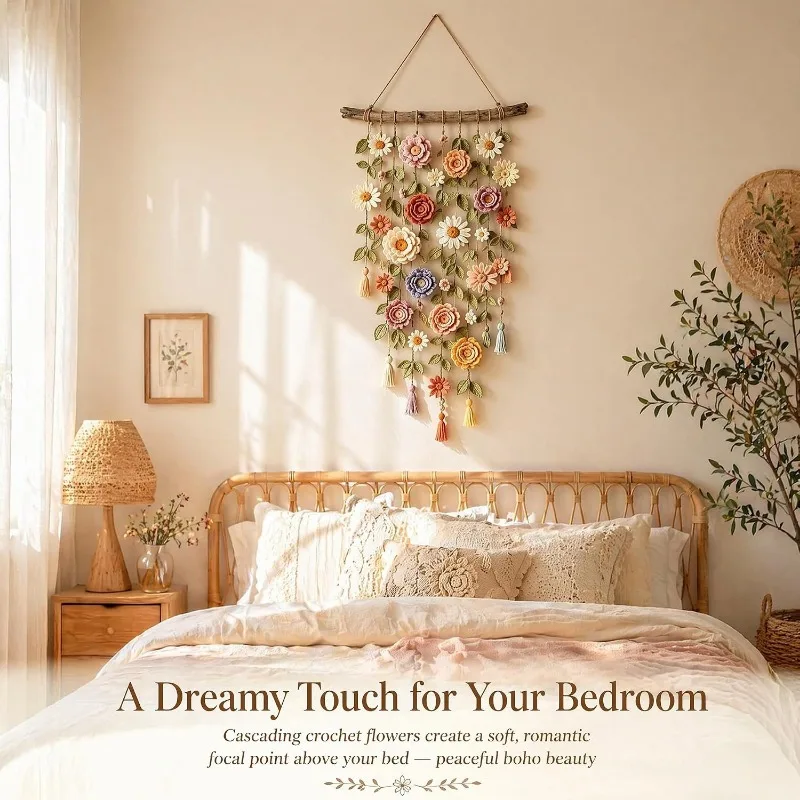 New Boho Handmade Cotton Floral Crochet Macrame Hanging Decoration for Wall Indoors Or Porch Natural Linen Look Mellow Ambiance