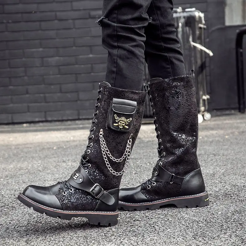 Fashion Leather Men Knee-High Boots Round Toe Black Tactical Tactical Boots Men Botas Casual Shoes Retro Motorcycle Boots Rock