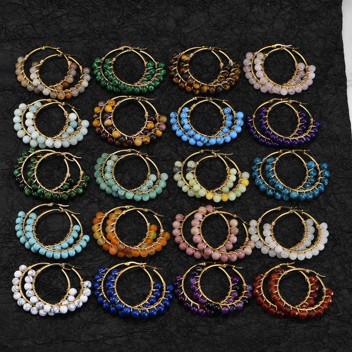 Natural Stone Beaded Earrings! Large Circle Style with Colorful Natural Stone, Various Colors, Fashionable and Personalized
