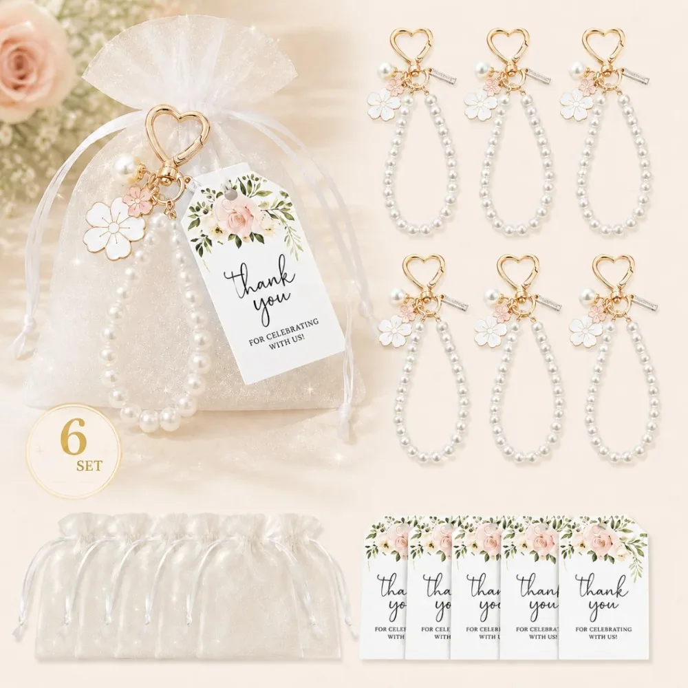 3-20 Sets Cute Pearl Flower Keychain Set Pink White Car Key Hanger w/Thank Card & Mesh Bag Wedding Back-to-school season gift
