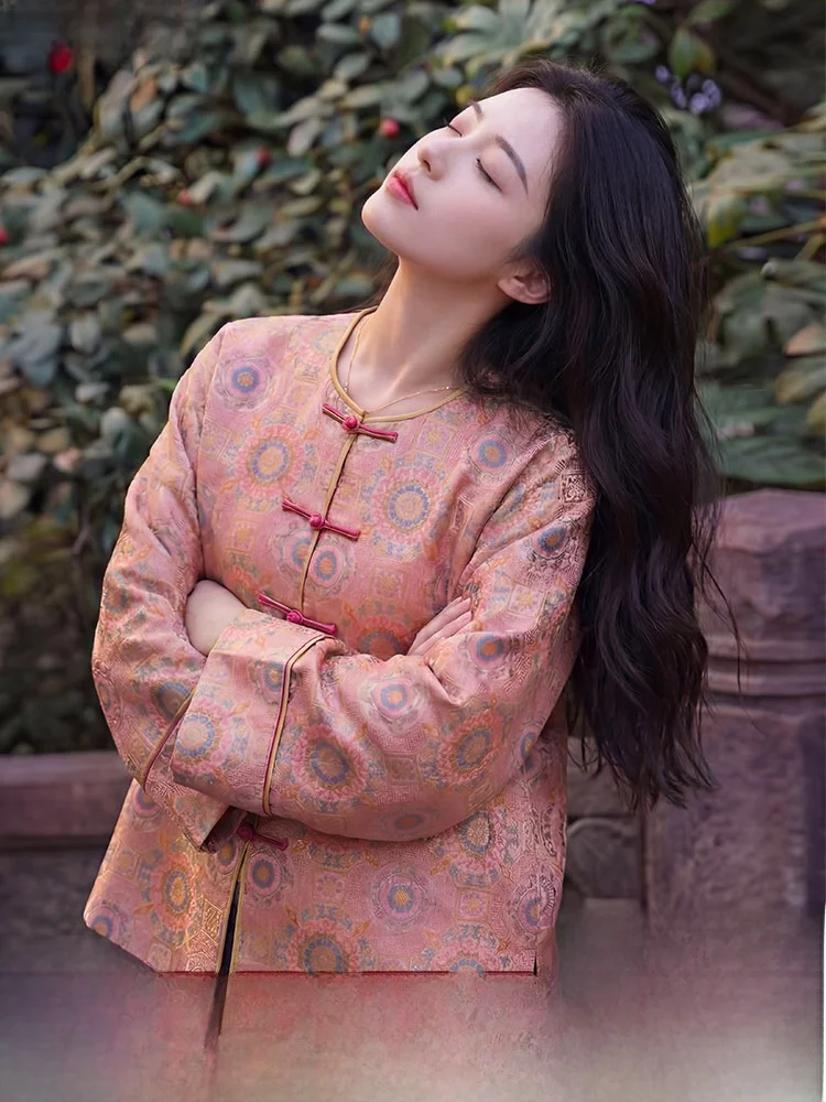 

High-End Silk Song Jin Women's Jaet New Chinese Sle National Trend Top Buttoned Small Size Silk Open Cardigan Pink