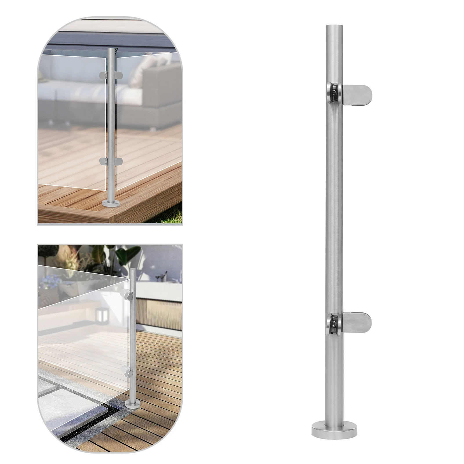 316 Stainless Steel Railing Post, Brushed Silver Finish, Decorative Cover, Silicone Pads for Glass Support, Max Load 80kg,