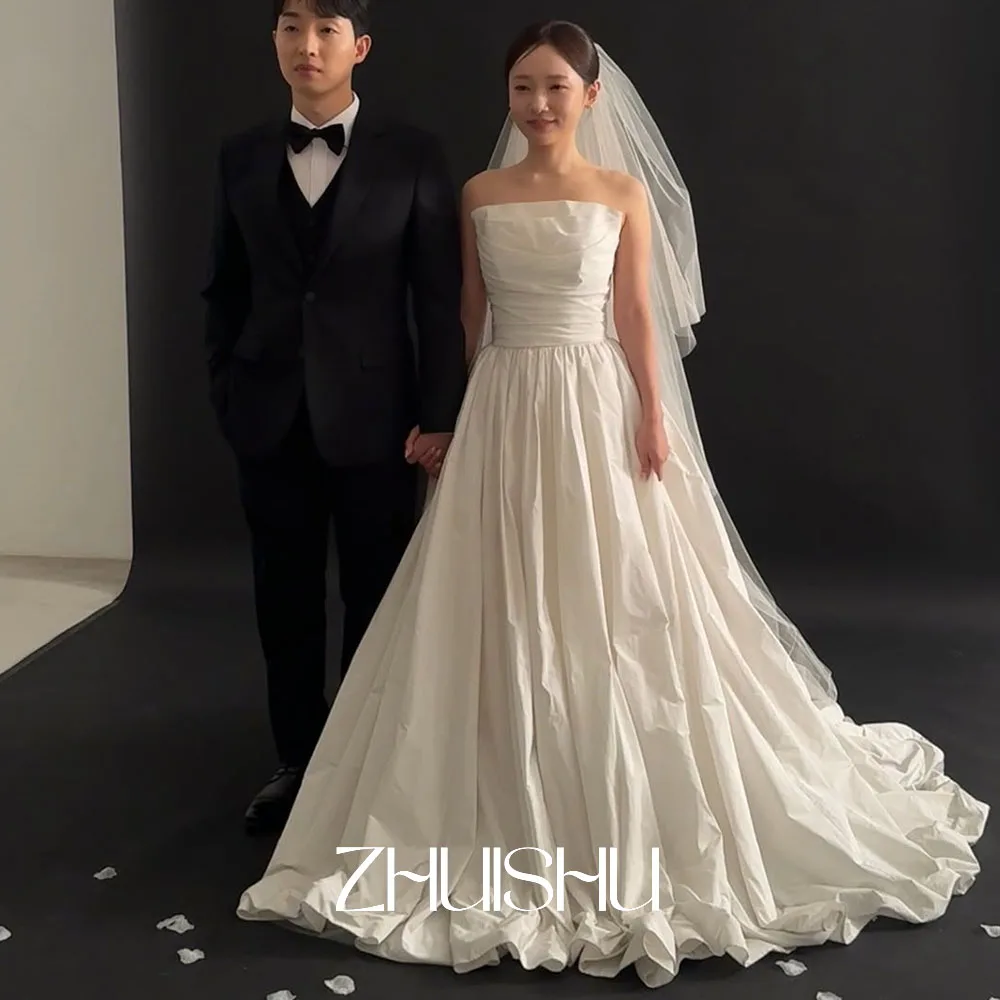 Suknie ślubne koreańskie bez ramiączek z tafty ZHUISHU, gorsetowe, z możliwością personalizacji, idealne do sesji zdjęciowych, księżniczka, linia A, suknia na przyjęcie.