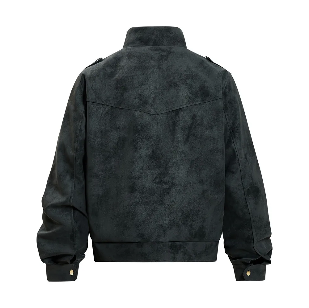 MWJLPWQ Retro Tie-Dye Distressed PU Leather Jacket For Men American Punk Fashion Deconstructed Design High-Collar Tops 20246