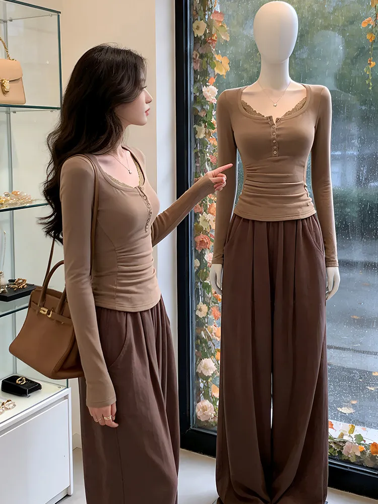 

Ce Au Lait Lace Splice Knitted Top Women's Spring Autumn Sexy Slimming Long Sve T-irt Inner Wear Girl's Faion Sle