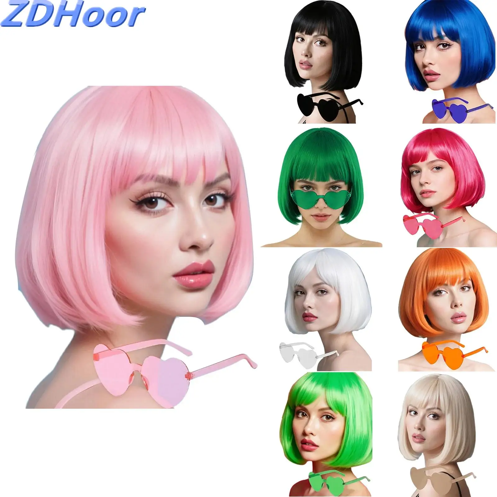 

Женские короткие парики из синтетического волокна для косплея и вечеринок с солнцезащитными очками в форме сердца и сеткой для волос для украшения на Хэллоуин и косплей-вечеринки.