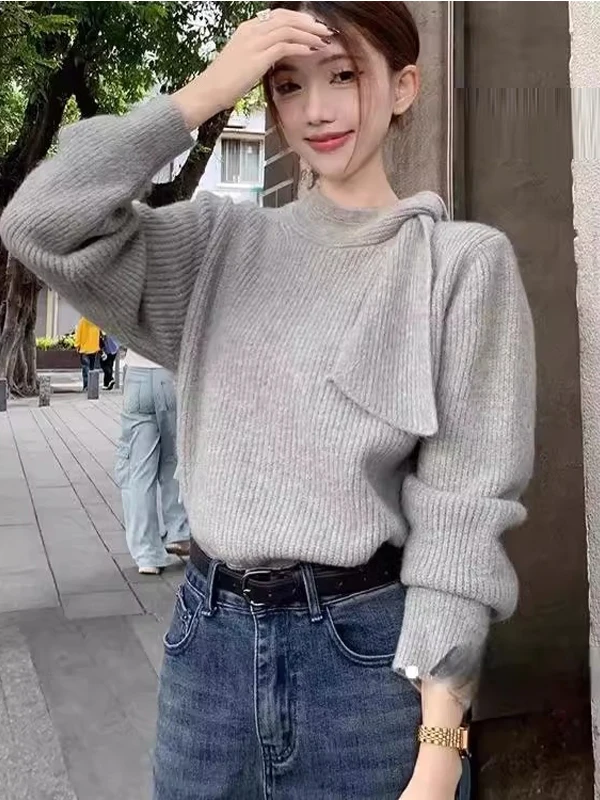 Ladies' Loose Fit Knitted Sweater Stand Collar Outerwear Winter Fashion Inner Match High Quality Knitwear Top Casual Style