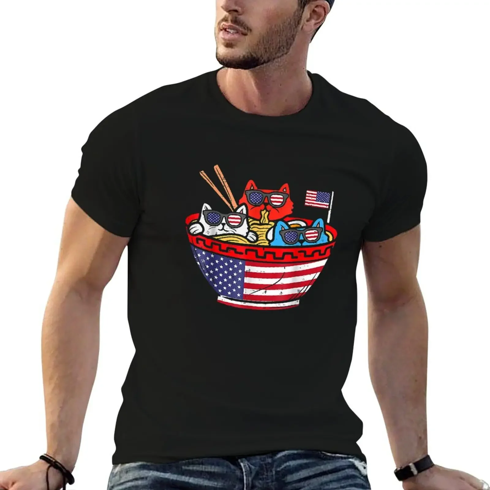 

Cats Ramen Anime American Flag USA Funny 4th Of July Fourth T-Shirt blue archive Funny t-shirts T-shirts for men cotton