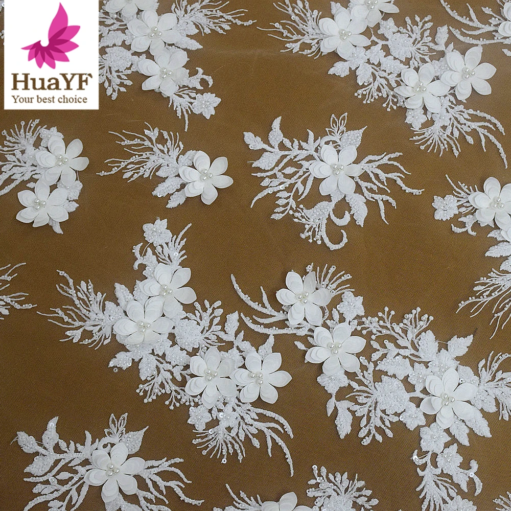 1 Yard Super Shiny Bridal 3D Appliqué Pearl White Lace with Beads Sequin Embroidery Wedding Dress Fabric HY2888-2