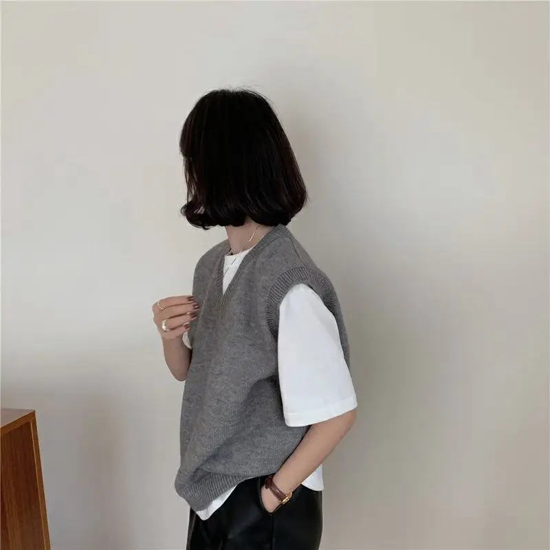 Sweater Vests Women Knitted Tops Solid All-match V-neck Loose Autumn Winter Chic Korean Outwear Female Hot Sale Stylish Vintage