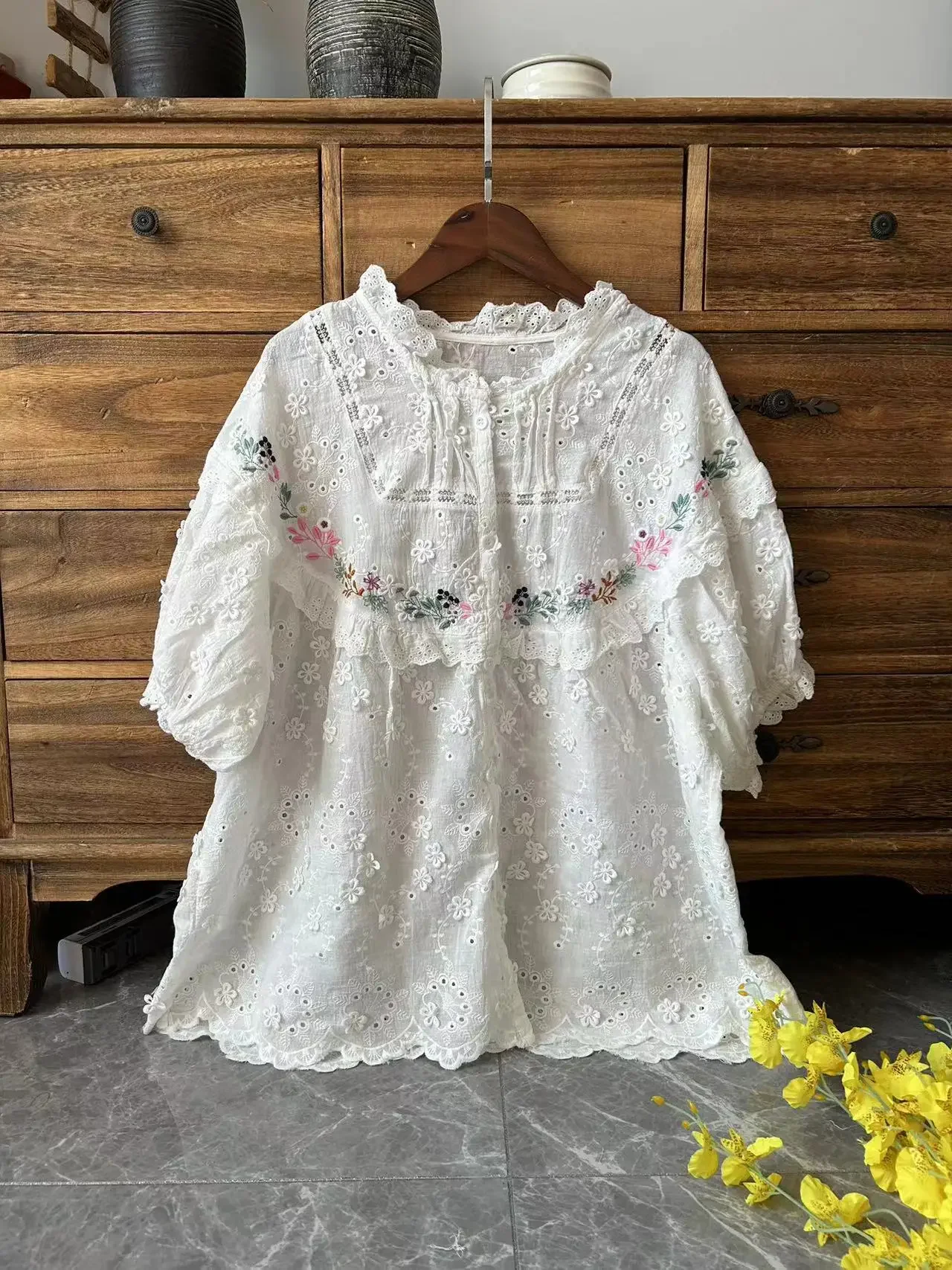 Summer Women Vintage Cotton Sweet Floral Embroidery Short Sleeve Shirt Retro Chic Ruffled Lace Cottagecore Rococo White Blouse