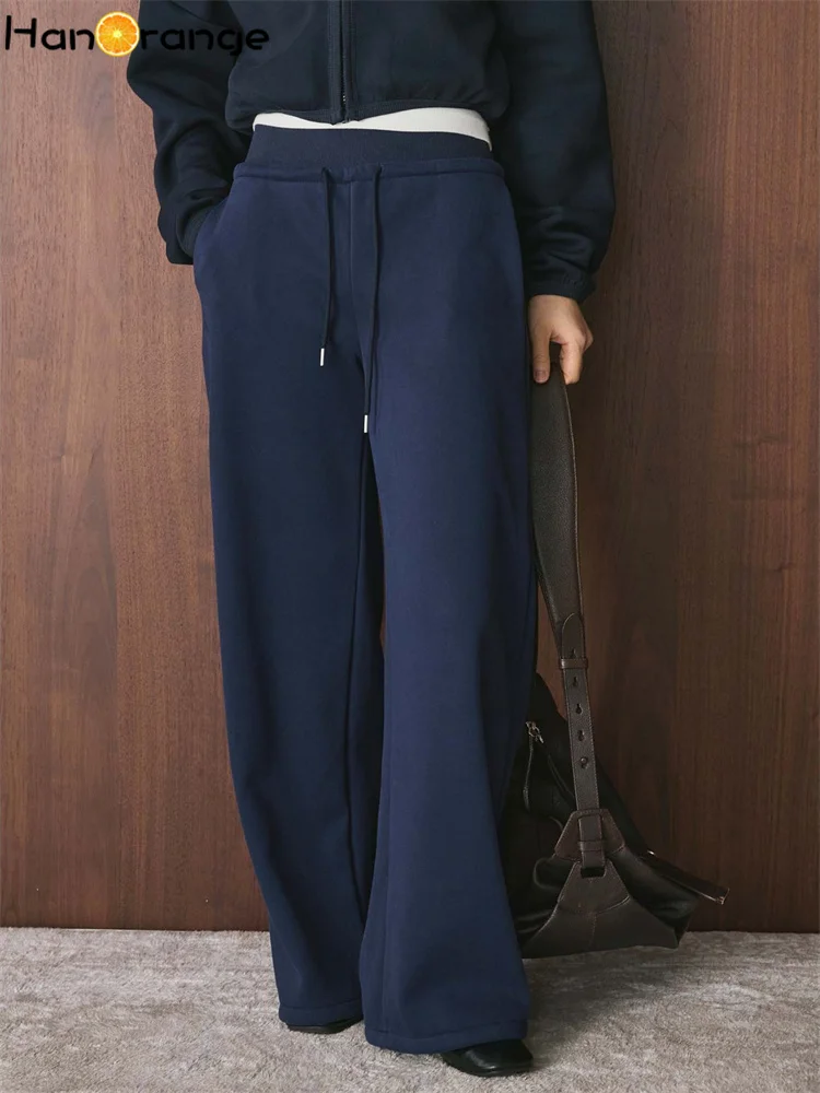 

HanOrange 2025 Winter Simple Relaxation Plush Loose Waist Straight Pants Women Comfortable Warm Trousers Dark Blue/Mid Grey