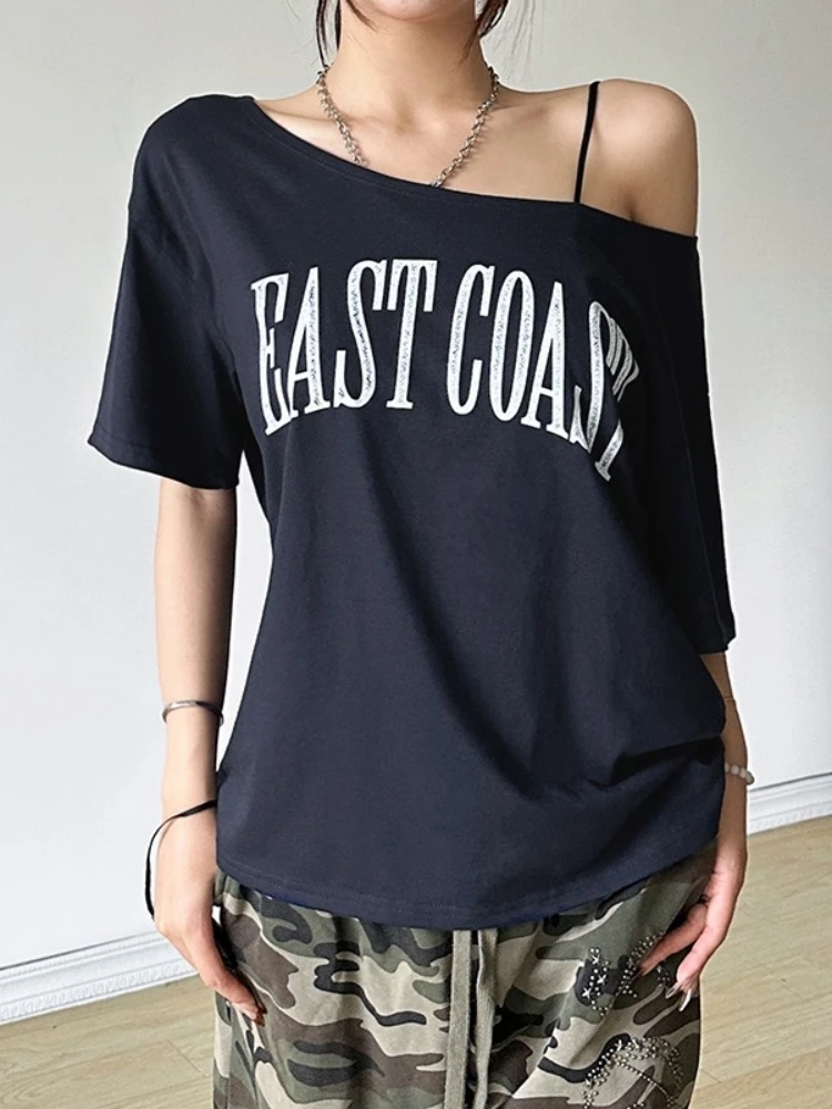 

Letters Print T Shirts For Women Streetwear Scoop Neck Tshirt Short Sleeve Camisetas Grunge Clothes Ropa Mujer Y2k Accessories