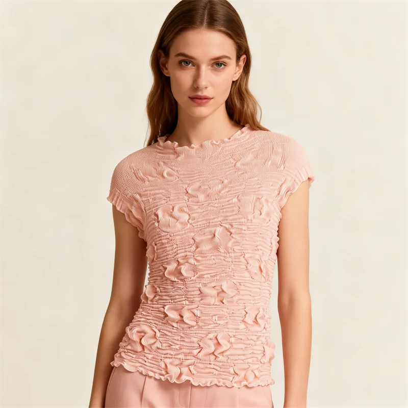 Miyake Style Pink Short-sleeved T-shirt Top for Women in Summer, Niche, Slim, Versatile, Elegant and Beautiful Shirt
