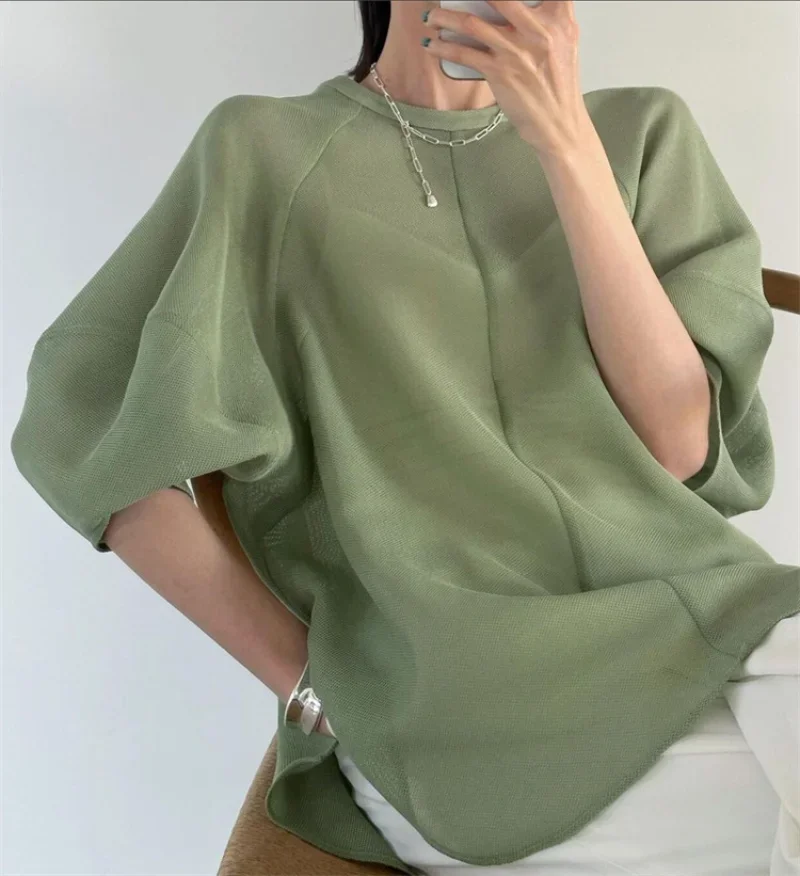 Kuzuwata 2024 Summer Bubble Sleeve Fashion Women Tops Semi Transparent Mesh Loose Camisas Japanese Simple O Neck Blusas Mujer