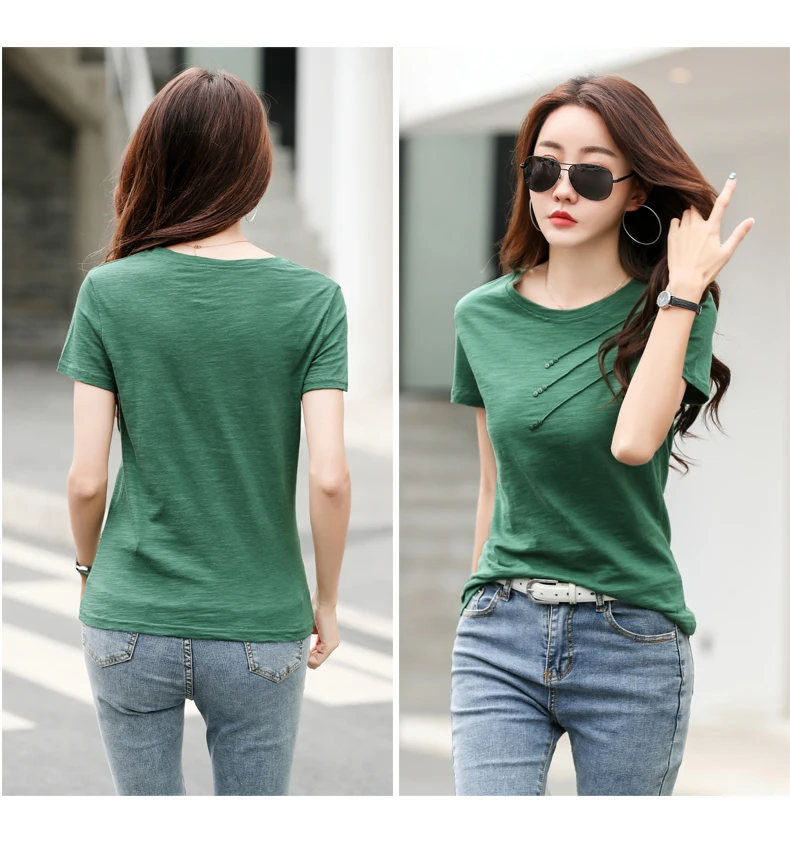AOSSVIAO 2026 Summer Solid Color Women's T-Shirts Slub Cotton O-Neck Short Sleeve T-Shirt Loose Casual Simple Button Basic Top