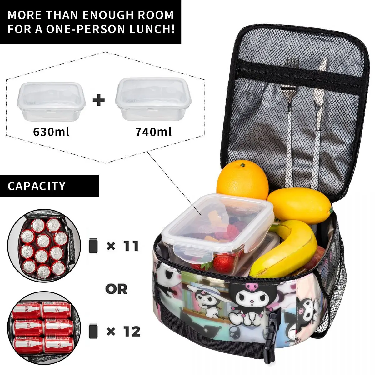 Zwart Konijn Kawaii Cartoon Geïsoleerde Lunchtas Thermische Zak Maaltijdcontainer Draagbare Draagtas Lunchbox Meisje Jongen School Picknick