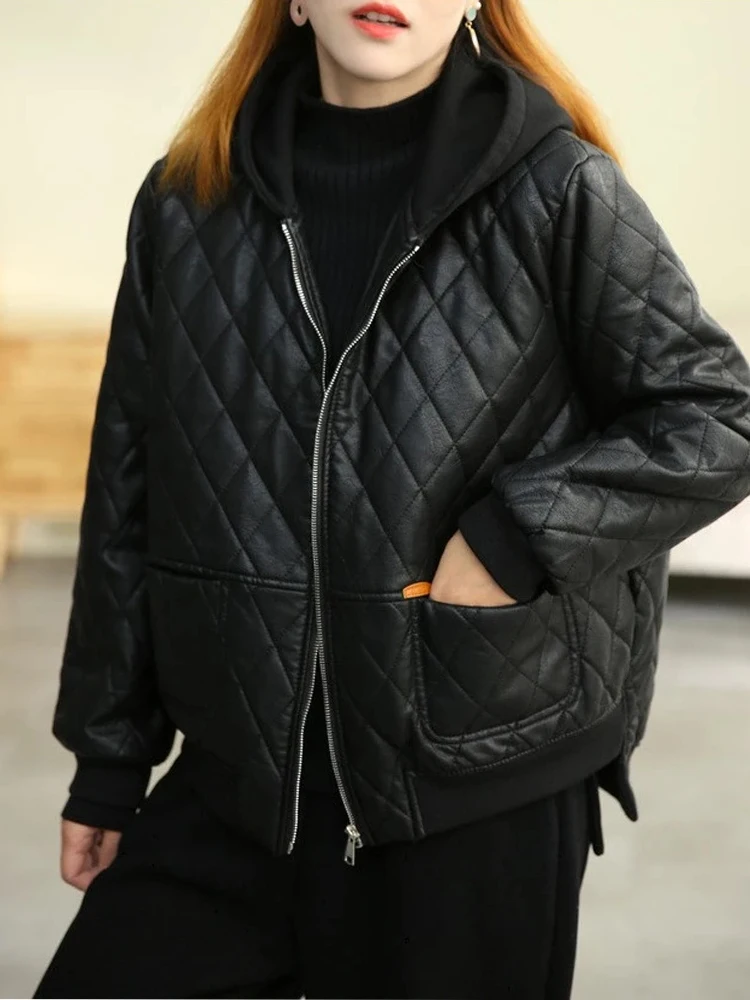 Amax luluE 2025 冬の女性のルースフェイクレザージャケットヨーロッパスタイルパッド入りパンクカジュアル PU コートヴィンテージ黒ゴシック服