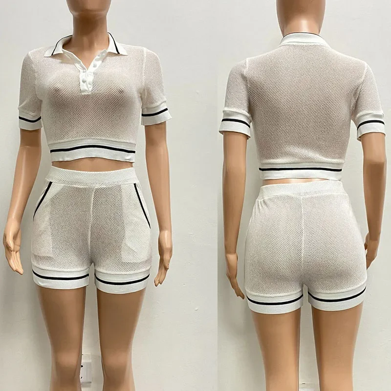 Knitted Sheer Striped 2 Piece Sets Summer Outfits for Women 2024 Crop Top and Shorts New In Matching Sets Sportwear Sweatsuits