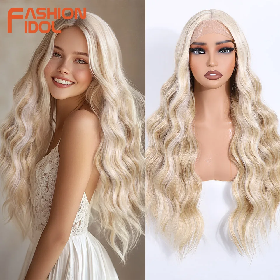 FASHION IDOL 28inch/70cm Deep Wave Part Lace Wigs Synthetic Wigs For Women Ombre Blonde Long Body Wavy Highlight Cosplay Wigs