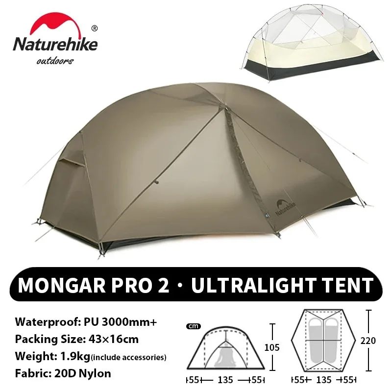 Naturehike Mongar Pro 1 2 3-persoons tent ultralicht waterdicht backpacktent kampeer- en wandeltent outdoor draagbare 20D nylon beschuttingstent met luifel