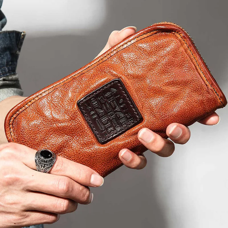 Ruil Handmade Crinkled Vegetable Tanned Leather Long Wallet, Retro Biker Large Capacity Zipper Clutch Bag