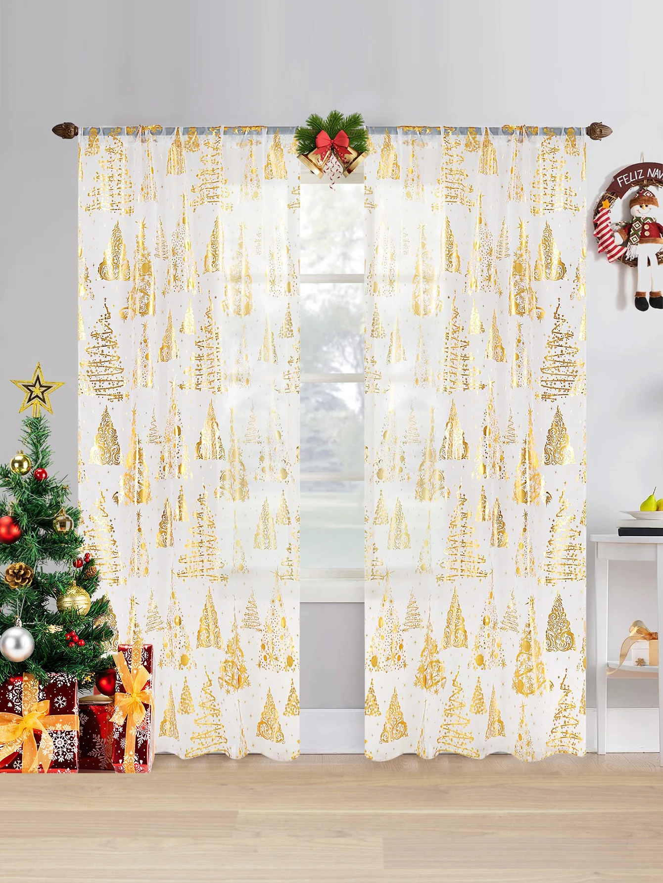 1pc Magical Christmas Tree Print Curtains with Gold Foil for Home Decor, Rod Pocket Curtain for Living Room, Bedroom