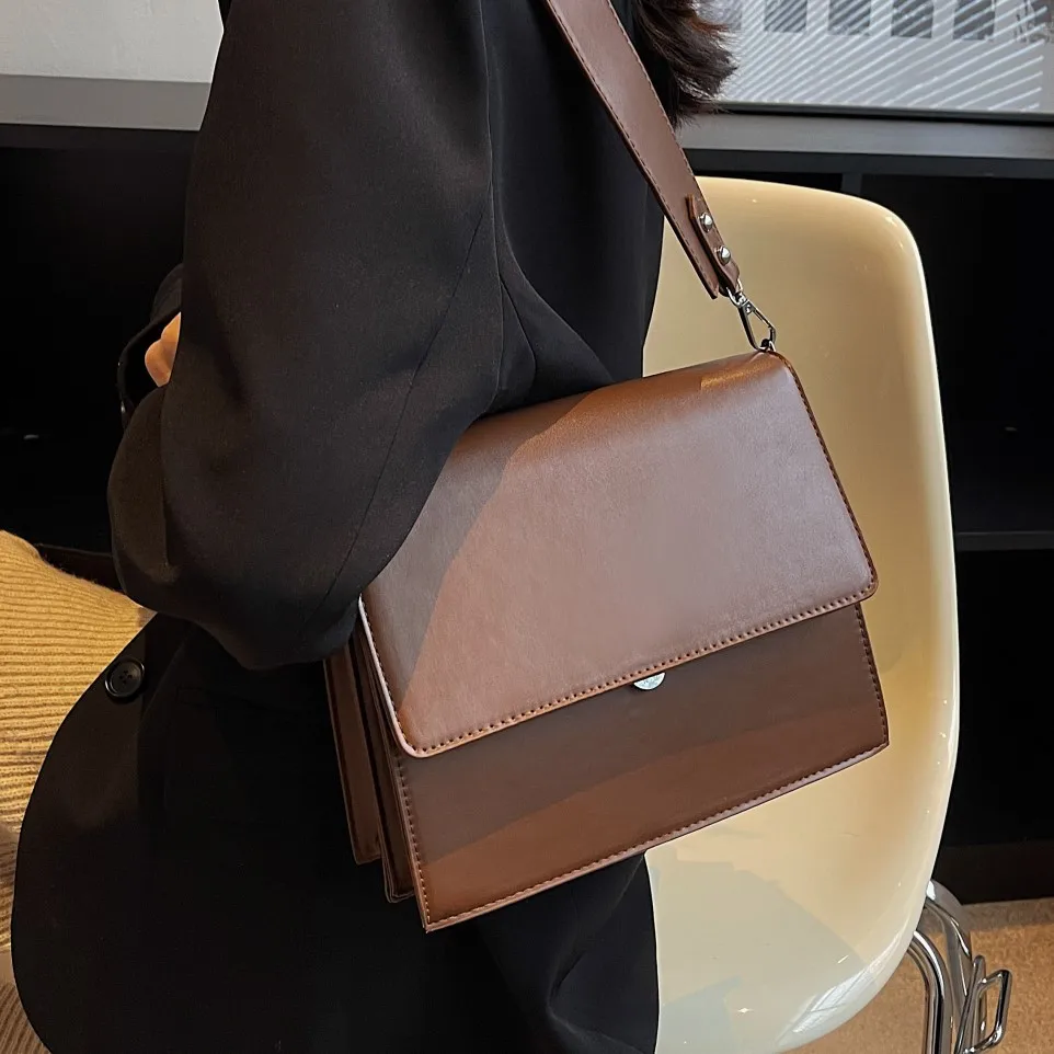 Fashion Square Women Shoulder Bags Double Layer Flap Crossbody Bags Luxury Pu Leather Wide Strap Messenger Bag Retro Simple Sac