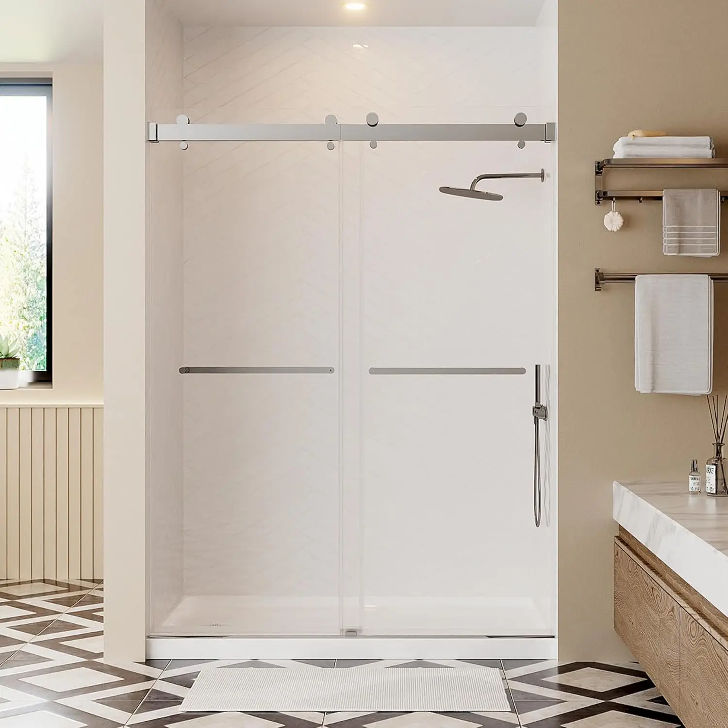 Double Sliding Frameless Shower Door 76 Inches High, 3/8 Inch Tempered Glass, Chrome Finish