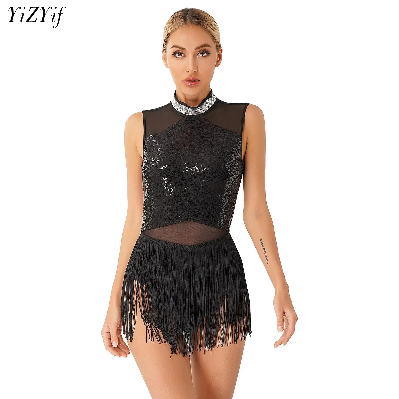 

Women Sequins Diamond Latin Jazz Dance Costume Sleeveless Cutout Back Flowy Tassel Dress Leotard Tango Cha-Cha Samba Dancewear