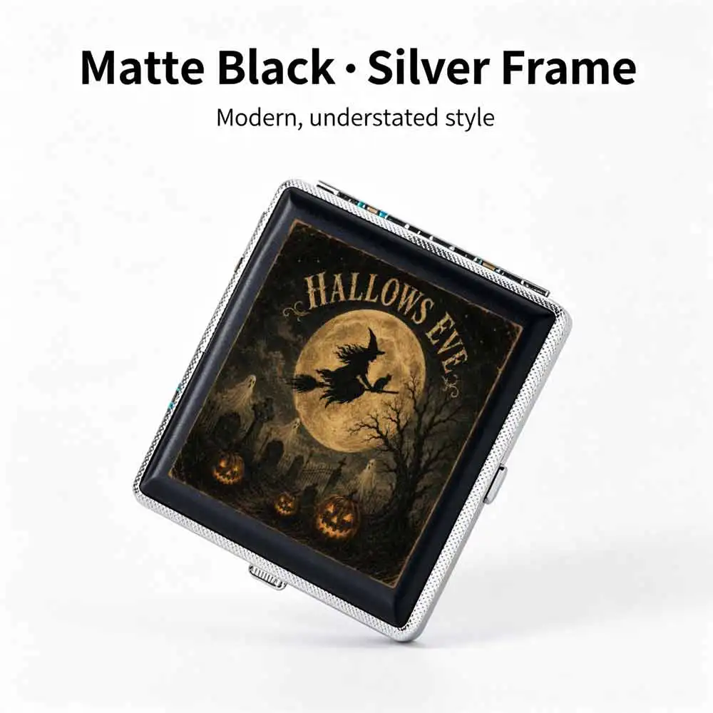 Halloween Cigarette Case, Witch Flying over the Graveyard Poster Art, Durable Slim Design, Smooth Edges, Comfortable Grip, Portable Pocket Size, Ideal Gift for Halloween Enthusiasts