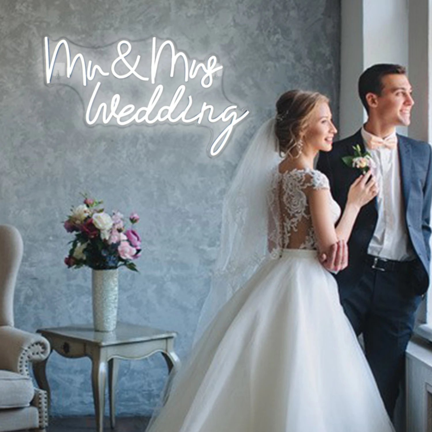 Mr&Mrs Wedding Neon Sign Wall Decor Dimmable USB Neon Wedding Bridal Engagement Party Bedroom Art Decor Light Cool White