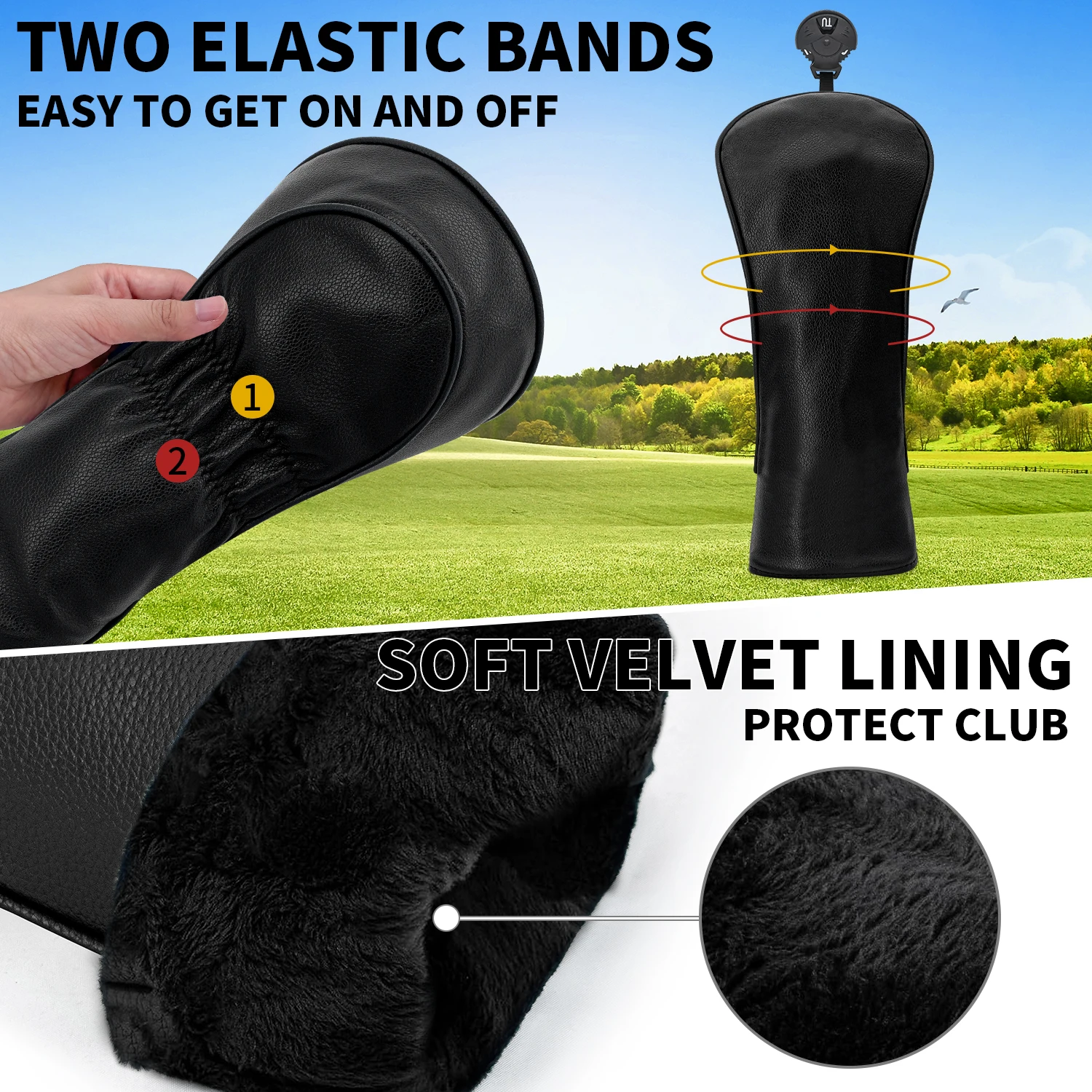 Capa protetora preta em branco para tacos de golfe, estilo minimalista, material PU, acessórios de golfe, capa protetora para tacos de golfe preto puro
