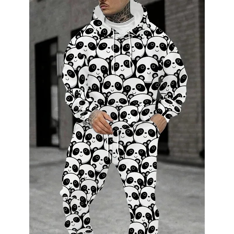 2025 3D Digital Cartoon Giant Panda Printed Fashion Set Casual Polyester Hoodie and Pants Geometric Pattern Youth Sports Style