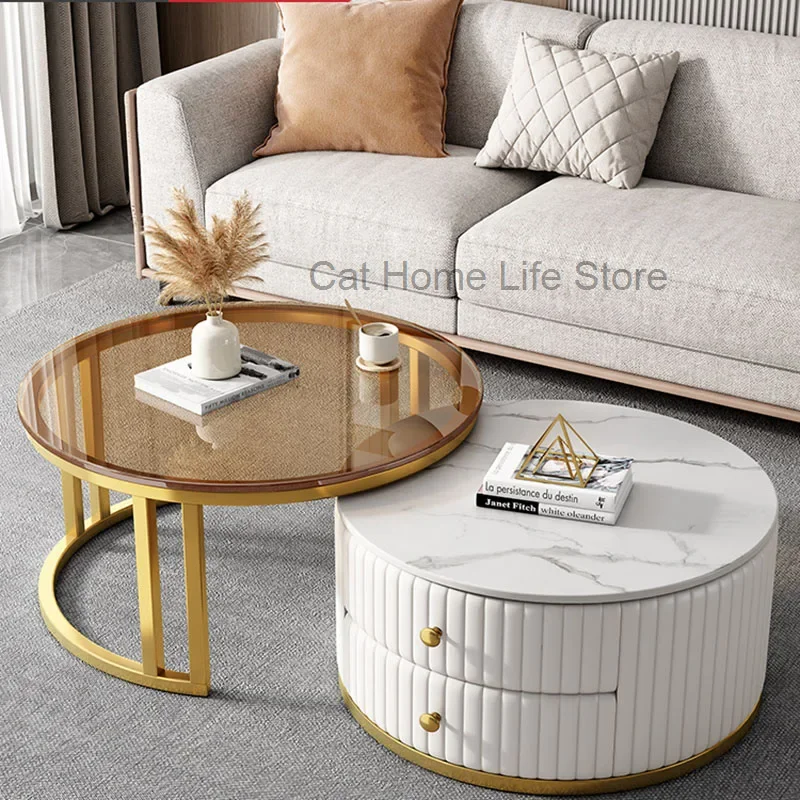 Apartamento Glass Coffee Table Living Room Wood Nesting Drawers Low Table Luxury Floor Mesas Auxiliares Balcony Furniture FGM