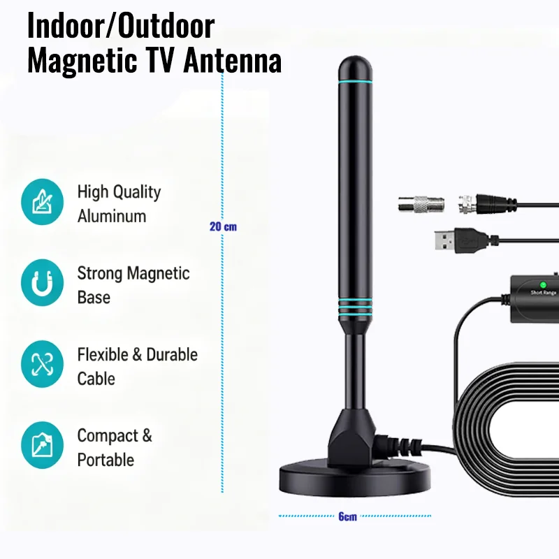 Indoor Outdoor 4K 1080P HDTV Magnetic Antenna with Amplifier for Local Free Channels Digital TV Antenna for Home RV Camping