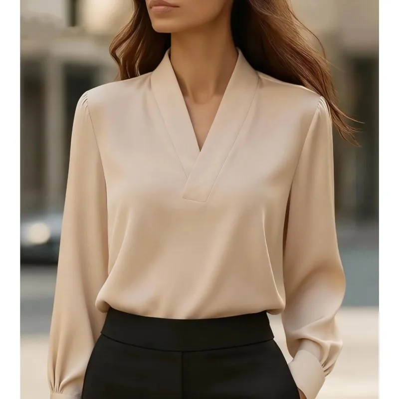

Autumn Women's Solid Color Satin Shirts & Blouses Spring New V-Neck Long Sleeve Loose Fit Office Casual Elegant Work Top