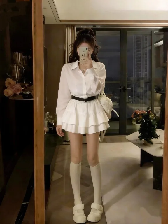 

Fashionable plus Size Set Early Spring New Korean Style Collar Shirt Waist Belted Dress High Waist Shorts Two-Piece Suit