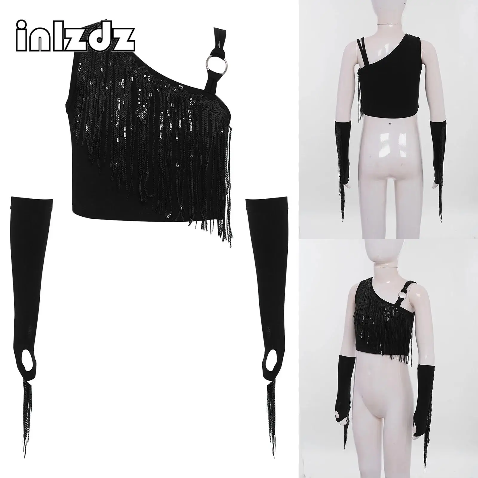 

Girls Shiny Sequin Tassels Hip Hop Jazz Dance Performance Sets Streetwear Asymmetrical Crop Top+Fringe Gloves 2ps Dancewear Sets