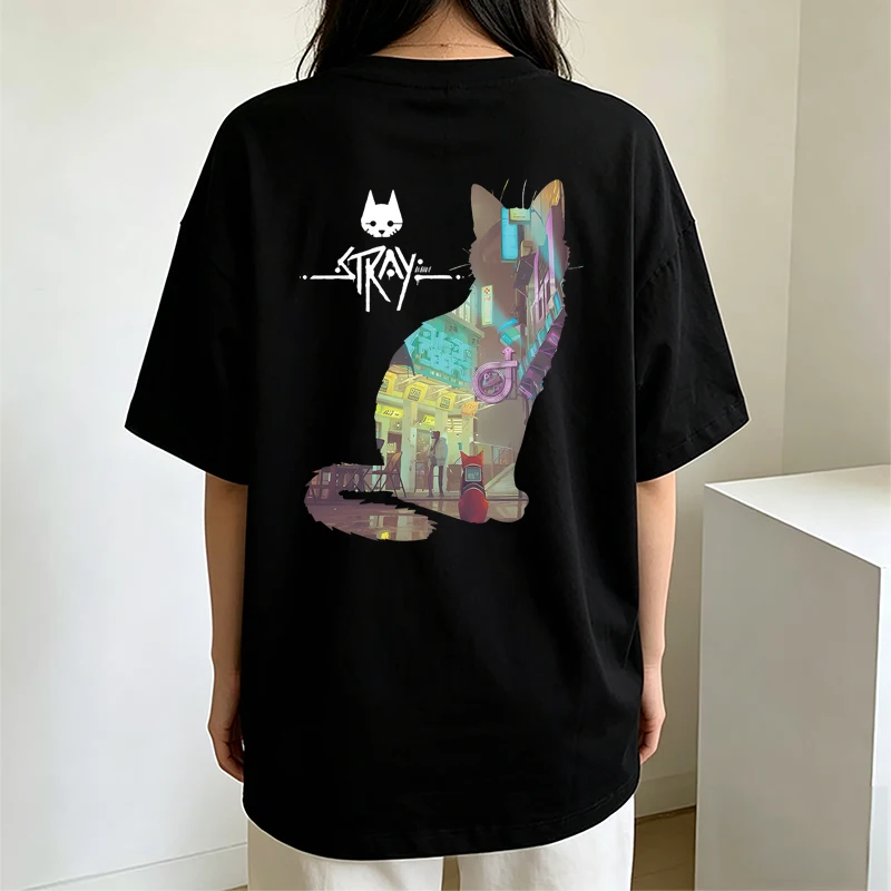 New Stray Game Cat Harajuku Casual T Shirt Women Casual Fashion Loose Cute Cat Round Neck Pure Cotton Short Sleeve T Shirt